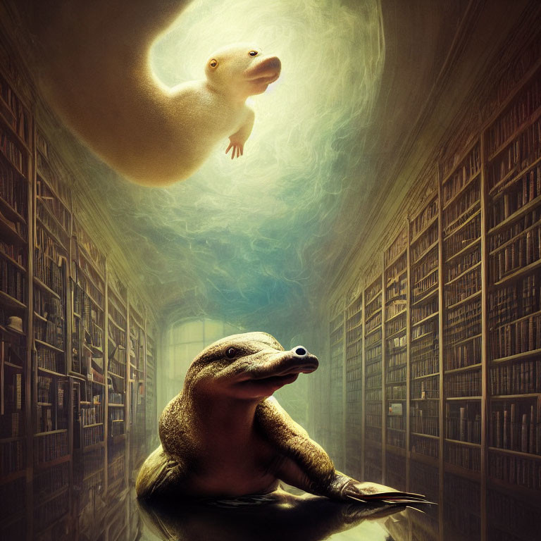 Library scene: Large lizard and ethereal counterpart in glowing light