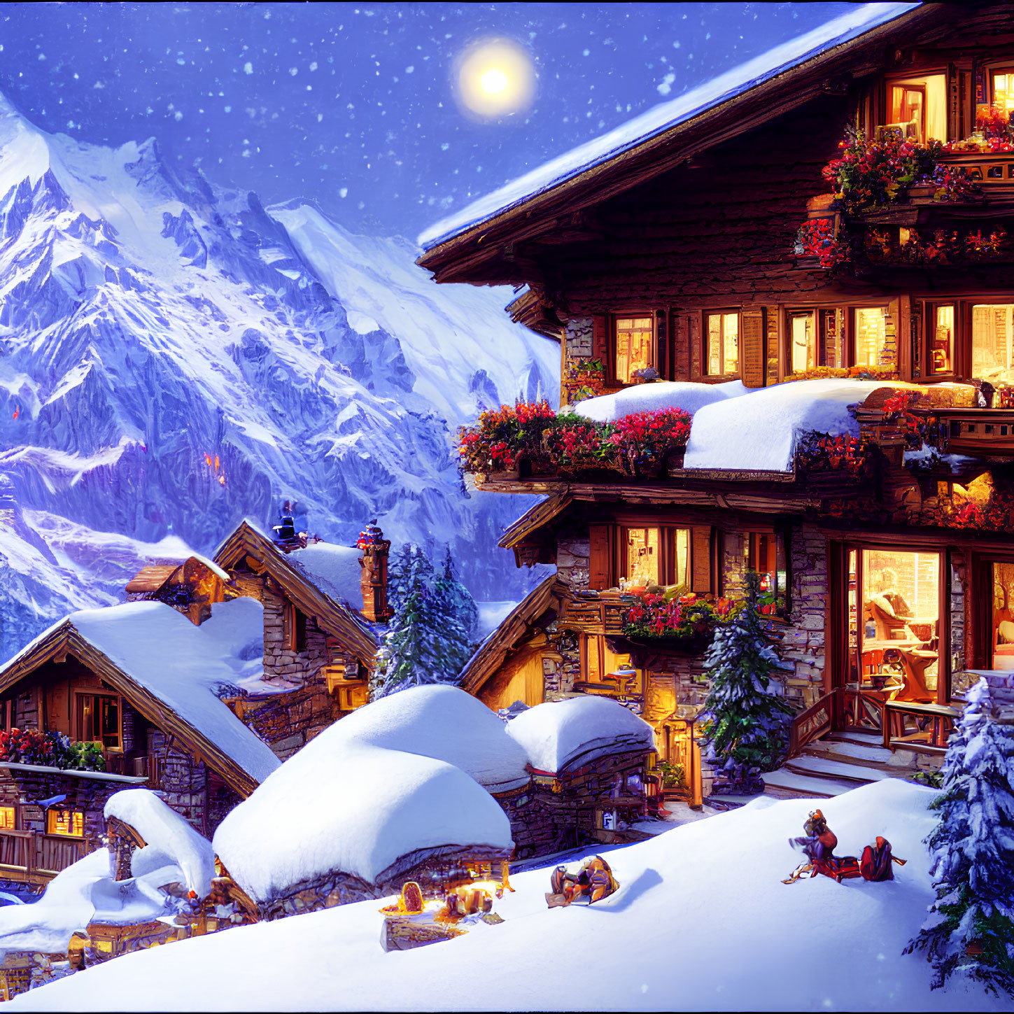 Snowy Chalet Decorated with Christmas Ornaments Under Starry Night Sky