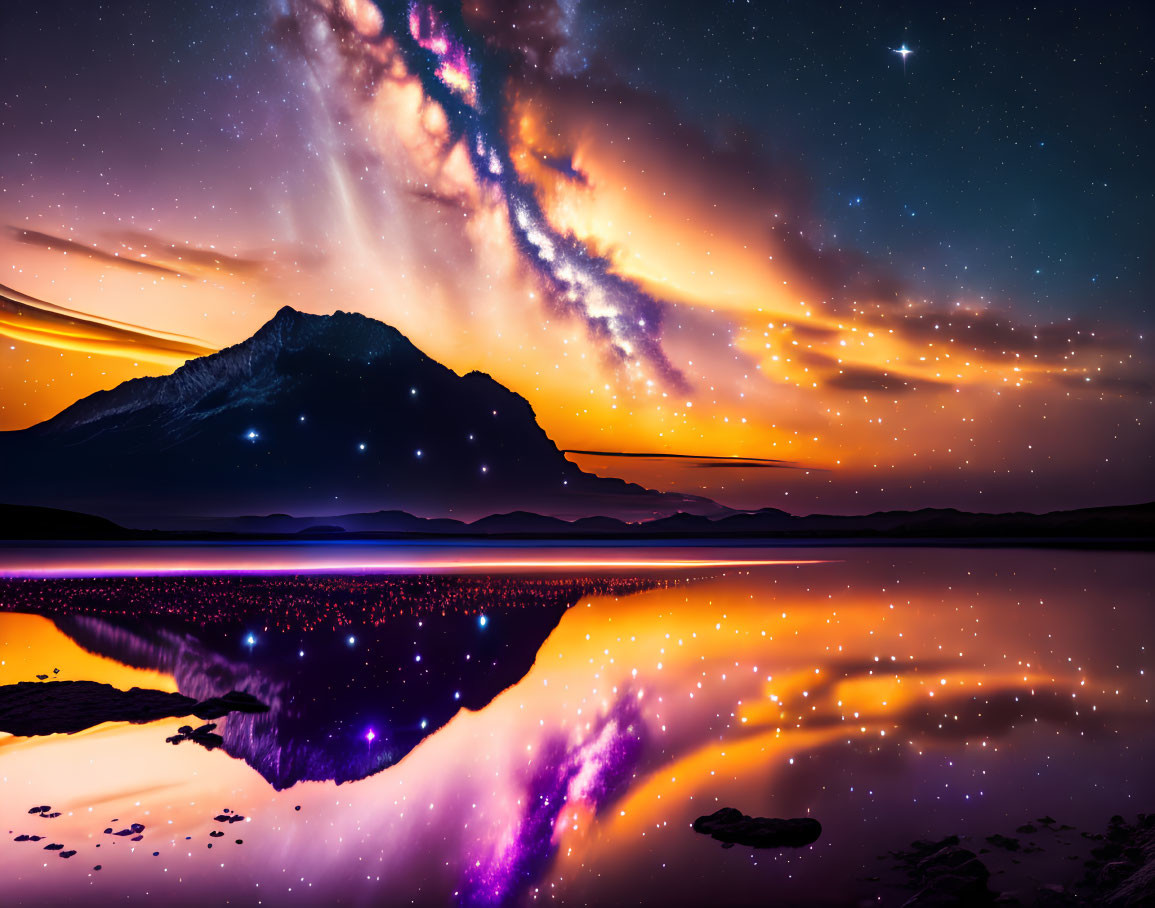 Scenic night sky with swirling clouds, stars, lake reflection, and mountain silhouette