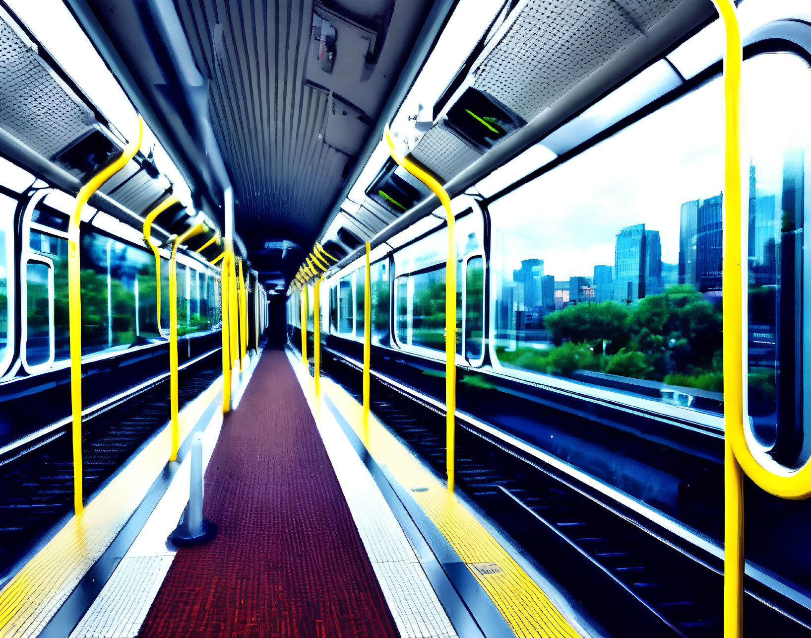 Empty subway car with bright yellow handrails and seats, cityscape view from window on cloudy day