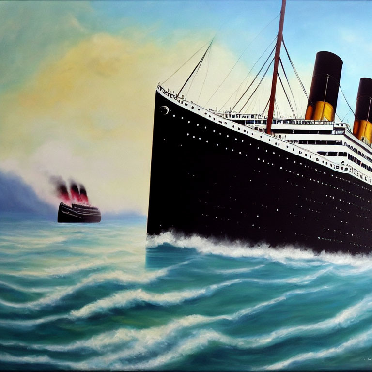 Titanic painting: Black hull, four funnels at sea in yellowish sky