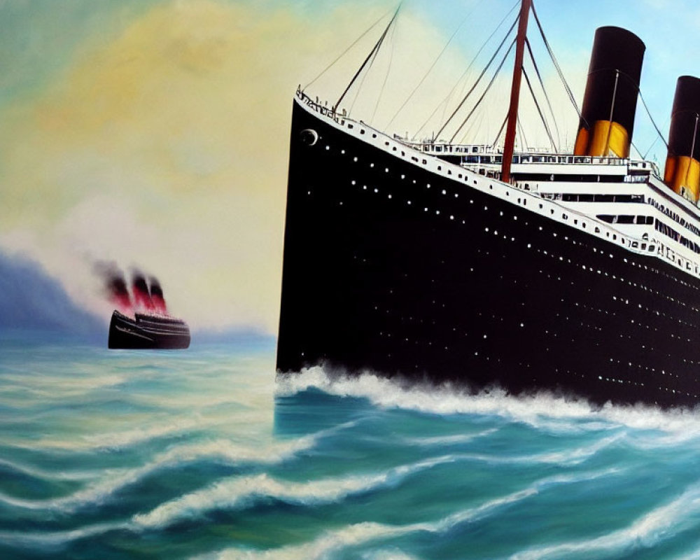 Titanic painting: Black hull, four funnels at sea in yellowish sky