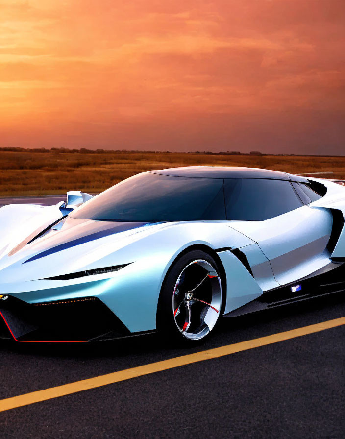 Futuristic silver sports car on road under vibrant orange sunset sky