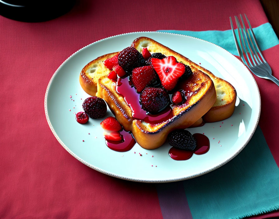 Delicious French Toast with Berries and Syrup on Blue Plate