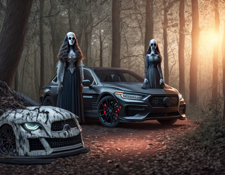 Mysterious figures in dark robes by modern and rustic cars in misty forest