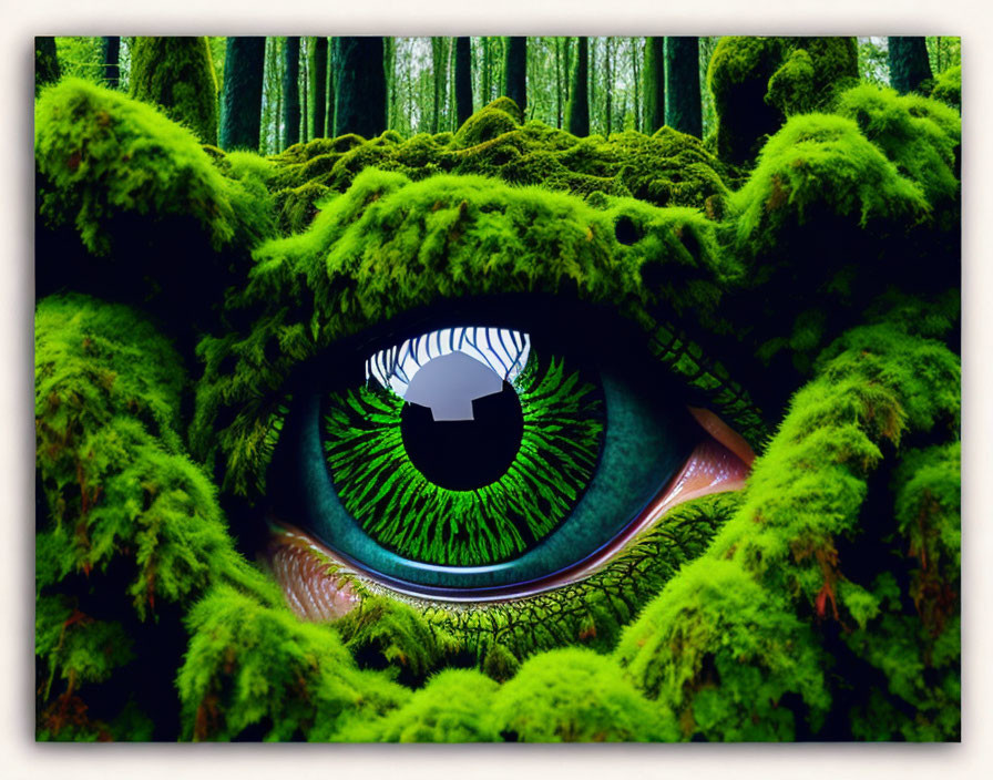 Vivid green eye in surreal forest setting