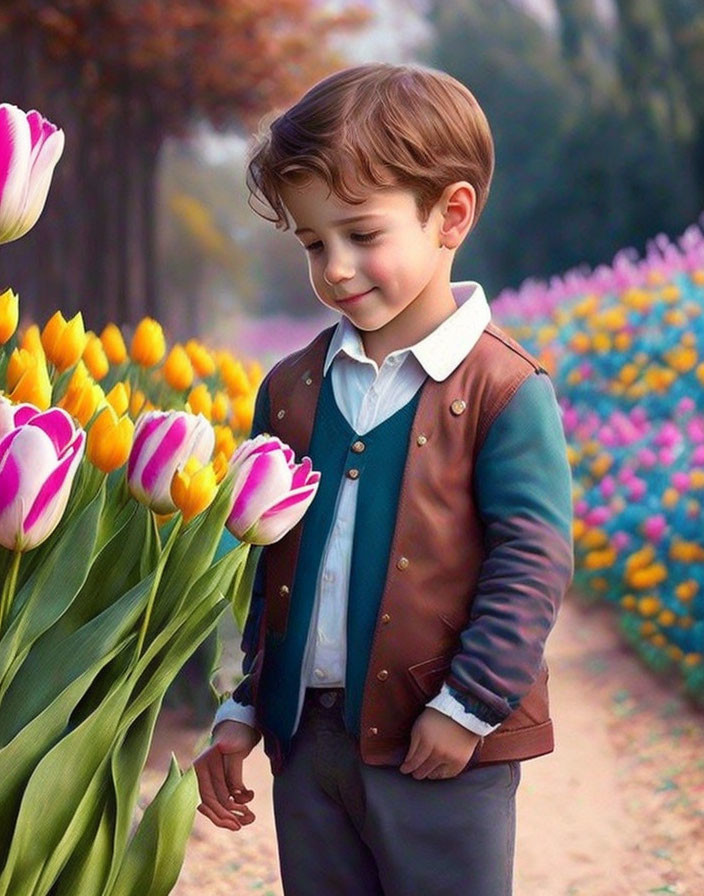 Child admiring colorful tulip bouquet in vibrant garden