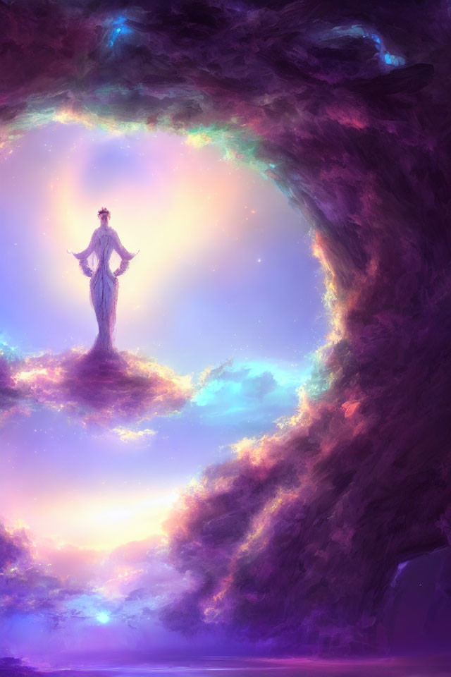 Silhouetted figure in luminous portal surrounded by purple and pink clouds