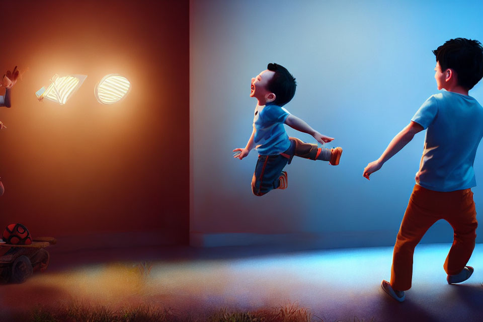 Two boys playing with magical elements and a toy car in a mysterious setting