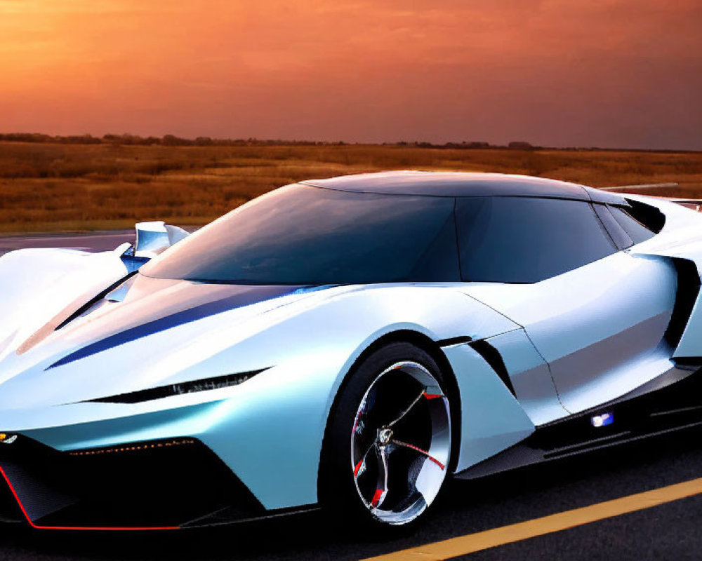 Futuristic silver sports car on road under vibrant orange sunset sky