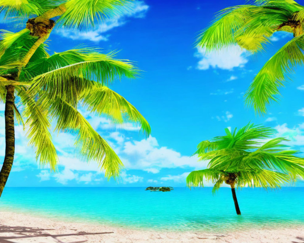 Vivid Tropical Beach Scene with Blue Sky, Turquoise Water, White Sand, and Palm Trees