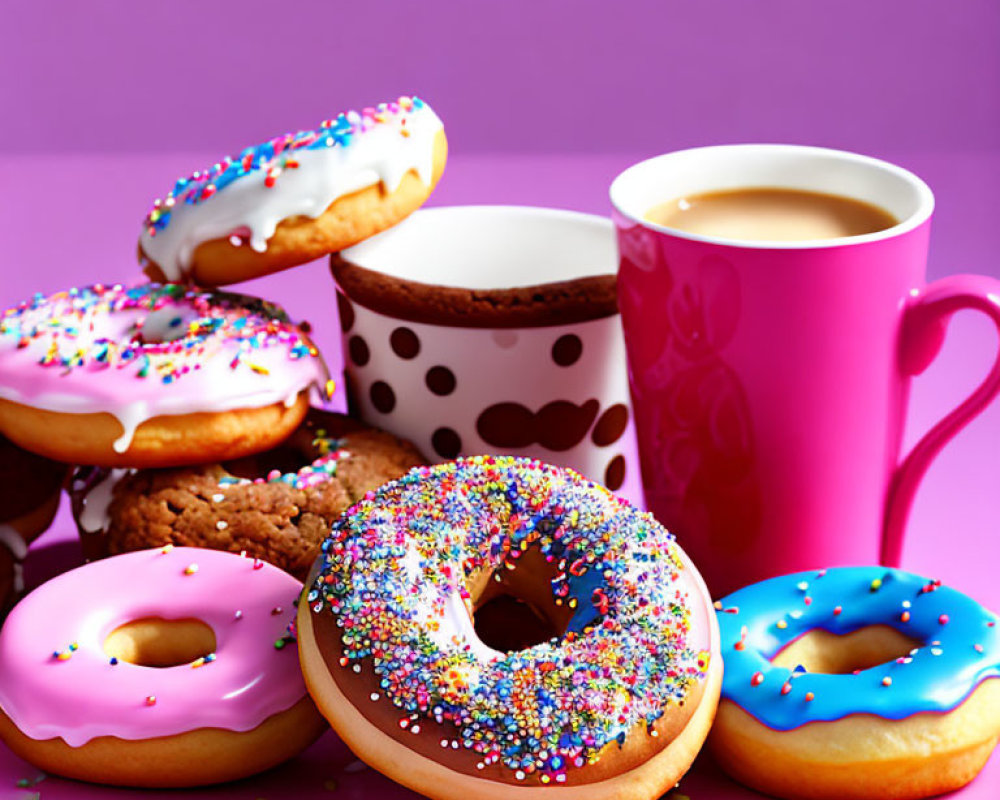 Colorful Frosted Donuts, Coffee Mug, and Cookies on Purple Background