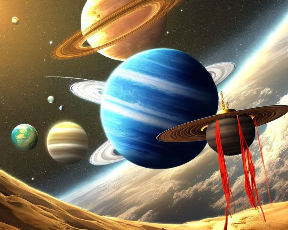 Person standing on platform in surreal sci-fi landscape with giant planets and moons.