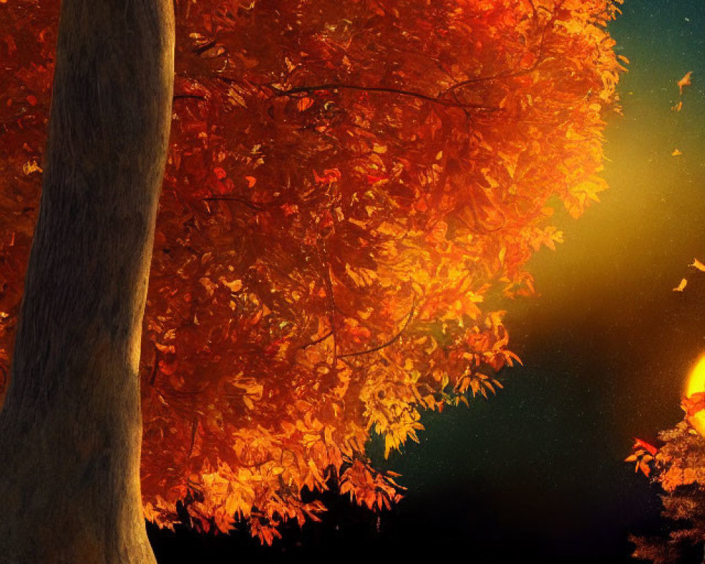 Children under autumn tree with floating lights at twilight