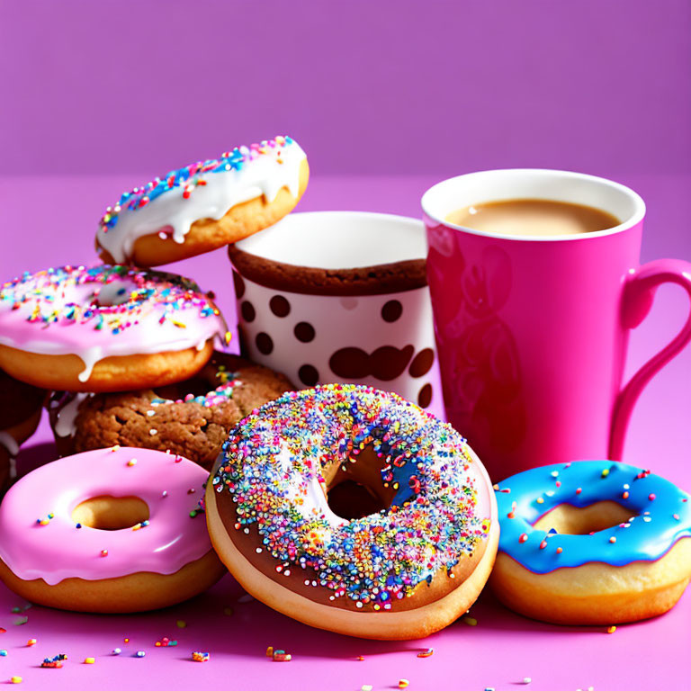 Colorful Frosted Donuts, Coffee Mug, and Cookies on Purple Background