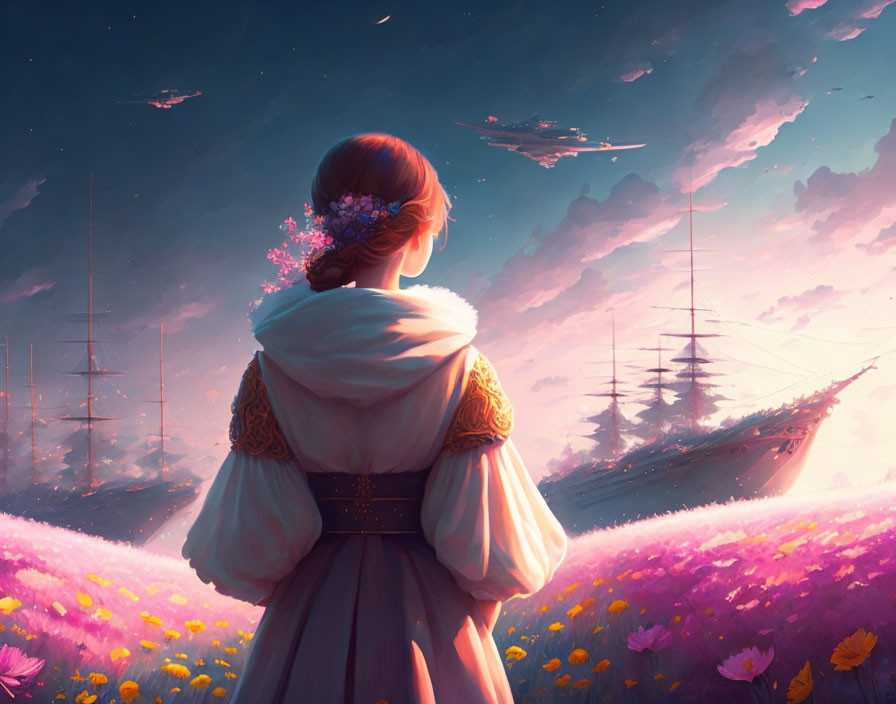 Historical woman in field of pink flowers with surreal sky and floating ships.