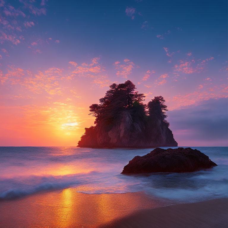 Vibrant purple and orange sunset over rocky island with lush trees and sandy beach