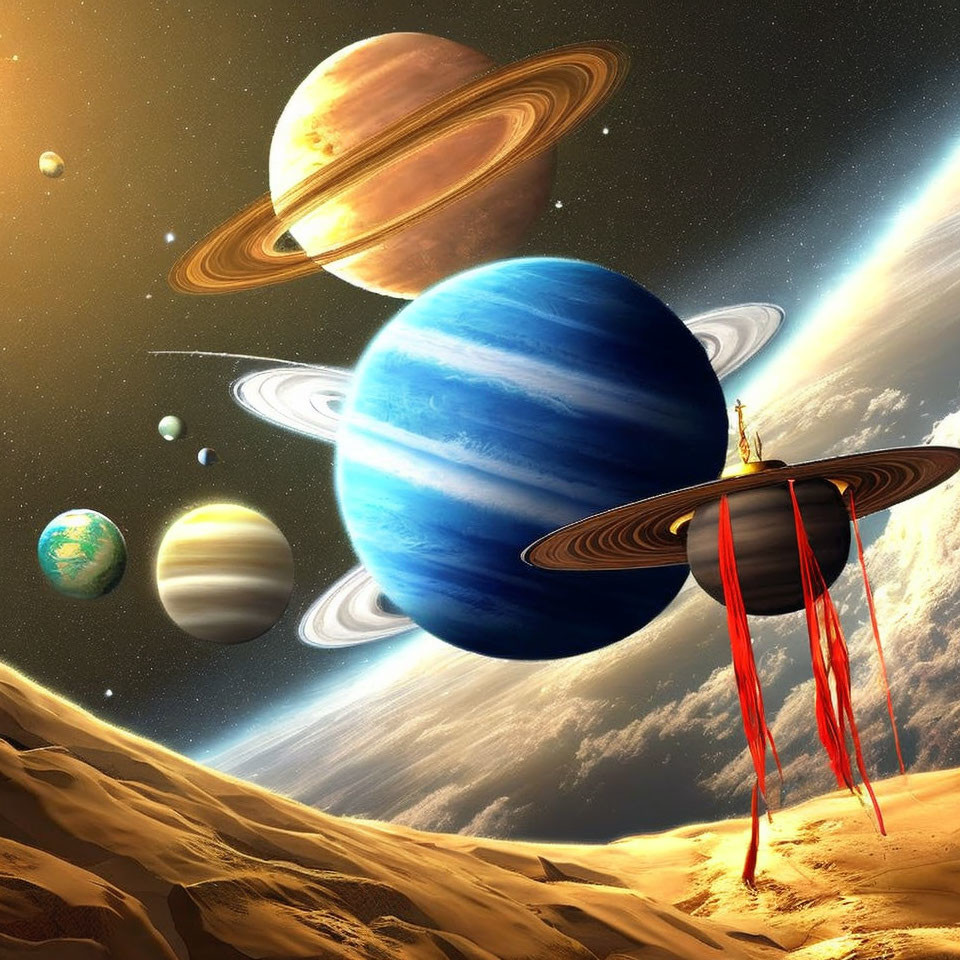 Person standing on platform in surreal sci-fi landscape with giant planets and moons.