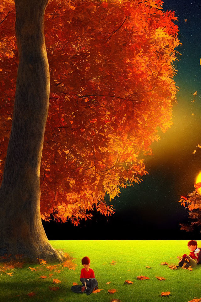 Children under autumn tree with floating lights at twilight