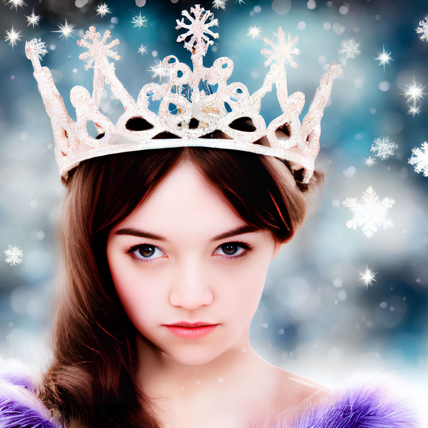 Young woman wearing snowflake crown in winter setting with falling snowflakes.