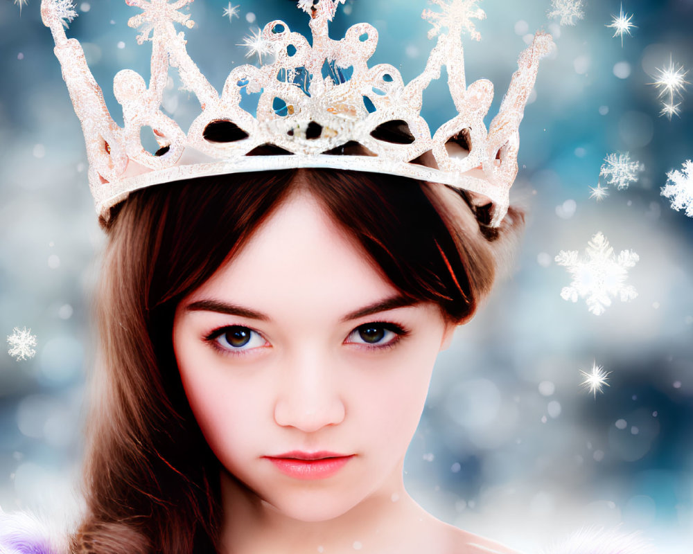 Young woman wearing snowflake crown in winter setting with falling snowflakes.