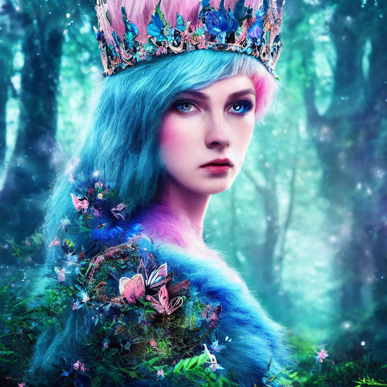 Fantastical Figure with Blue Hair and Butterfly Garment in Mystical Forest