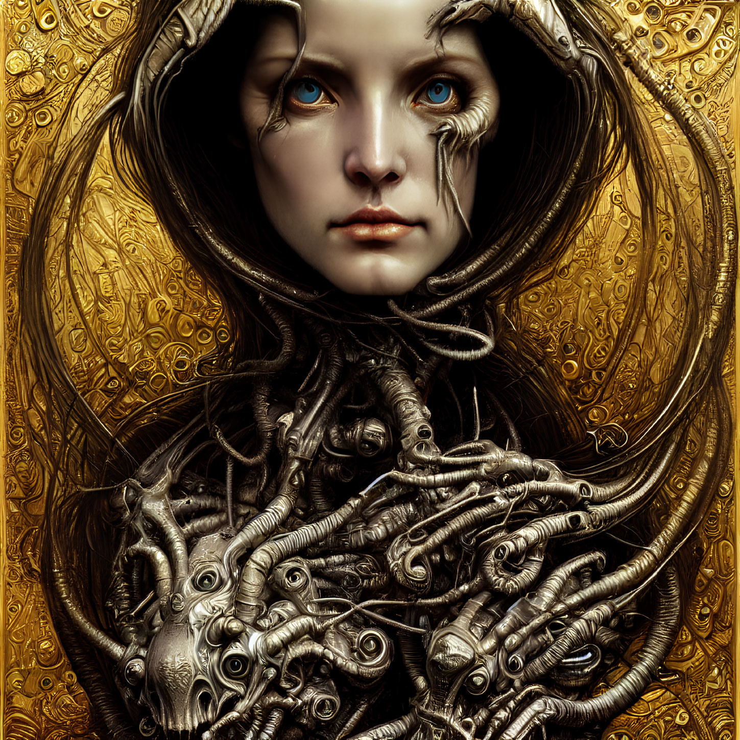 Detailed digital artwork: Woman with blue eyes, golden patterns, serpentine creatures