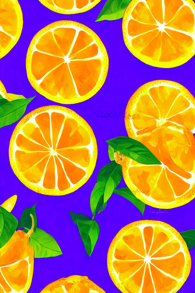 Vibrant illustration of sliced and whole oranges on blue background