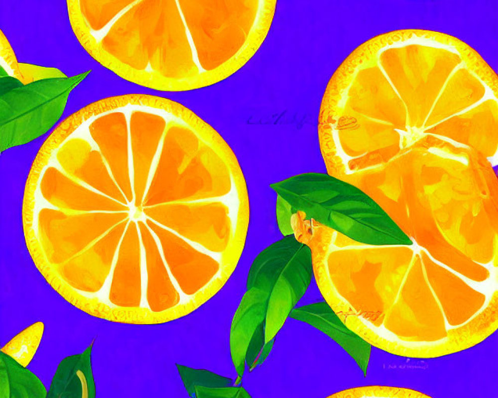 Vibrant illustration of sliced and whole oranges on blue background