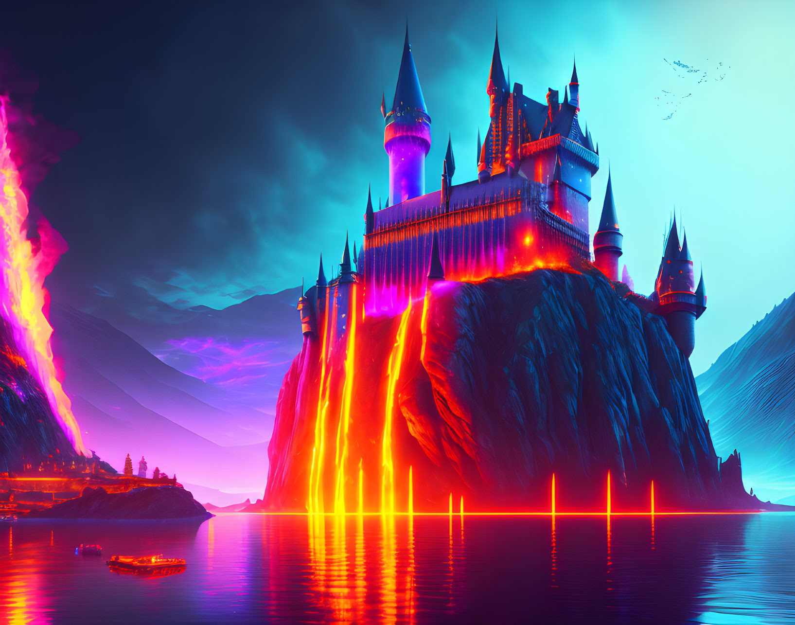 Neon-lit castle on clifftop with lava flow and volcanic eruption