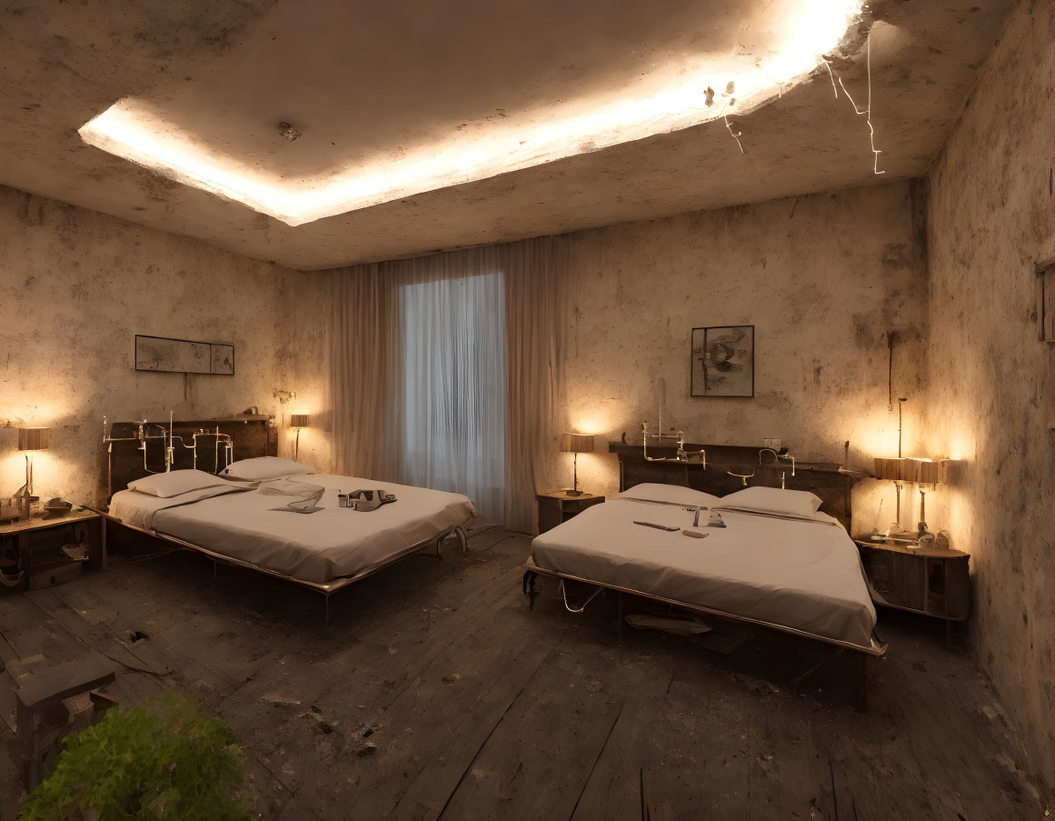 Rustic bedroom with two beds, aged walls, wooden floor, ambient lighting