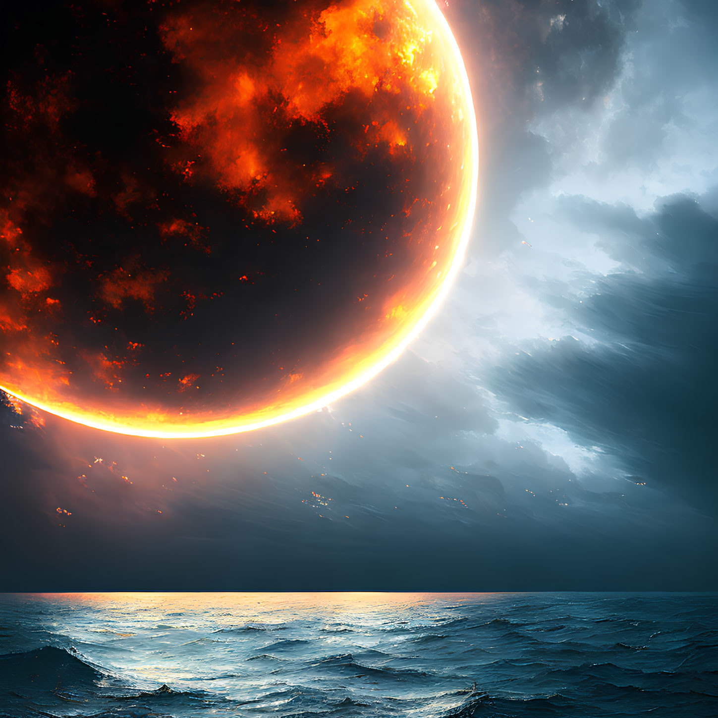 Dark Sky Over Dramatic Seascape with Glowing Crescent Celestial Body