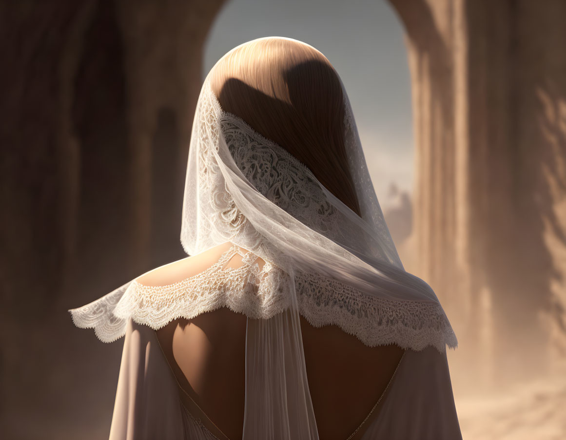 Woman with lace veil in desert landscape with warm lighting