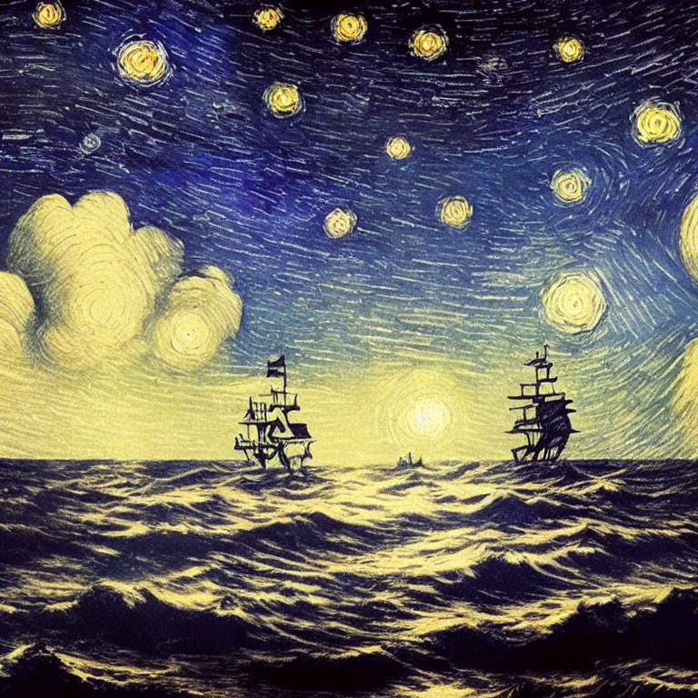 Starry Night Sky Over Tempestuous Sea with Silhouetted Sailing Ships