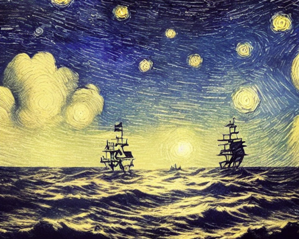 Starry Night Sky Over Tempestuous Sea with Silhouetted Sailing Ships