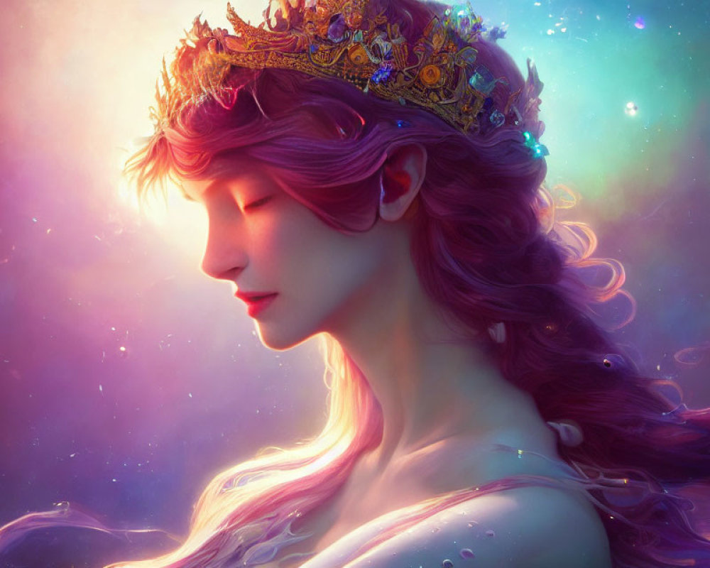 Woman with Pink Flowing Mane and Golden Crown in Cosmic Setting