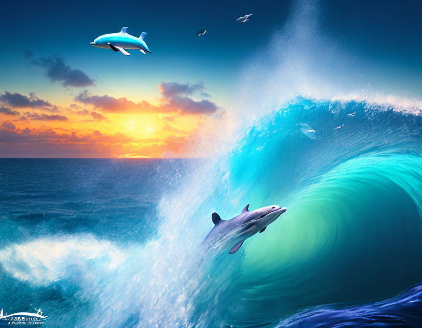 Dolphins leaping in cresting wave at sunset