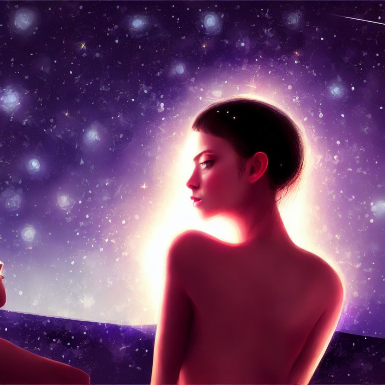 Digital Artwork: Contemplative woman in cosmic setting