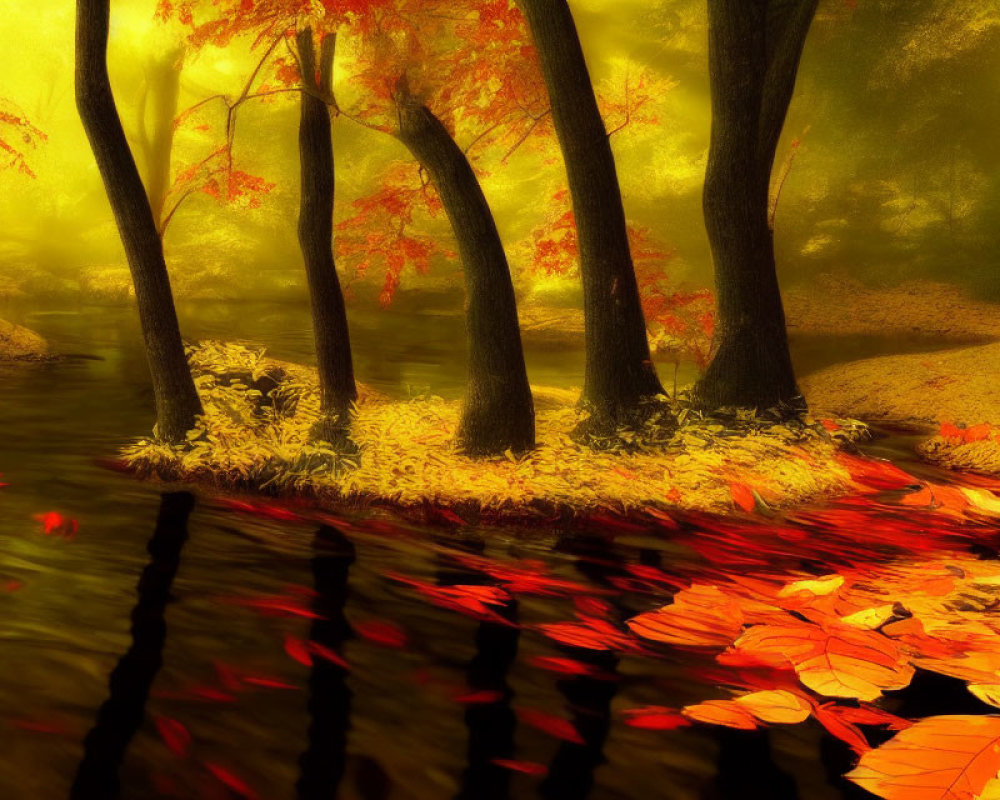 Vibrant autumn forest scene with golden light and red-orange leaves reflecting in tranquil river