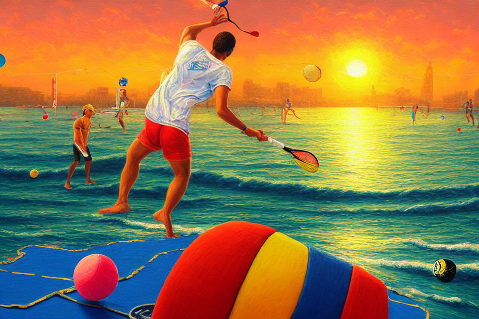 Colorful Sunset Sports Scene: Man Playing Tennis on Surreal Water Surface