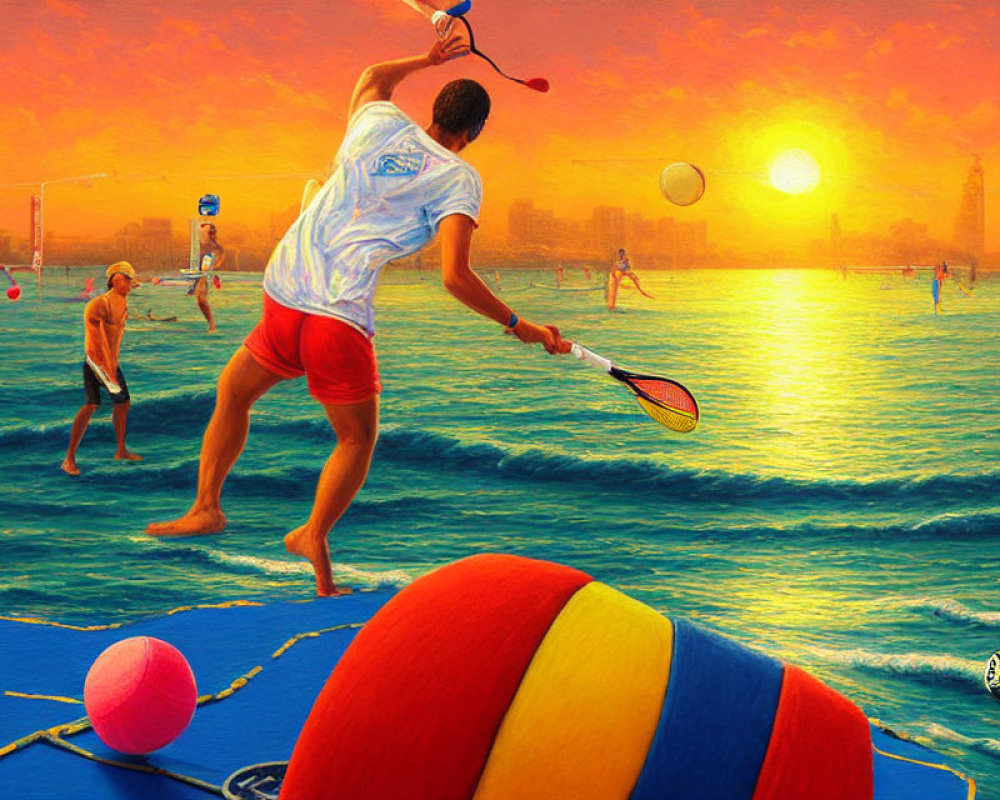 Colorful Sunset Sports Scene: Man Playing Tennis on Surreal Water Surface