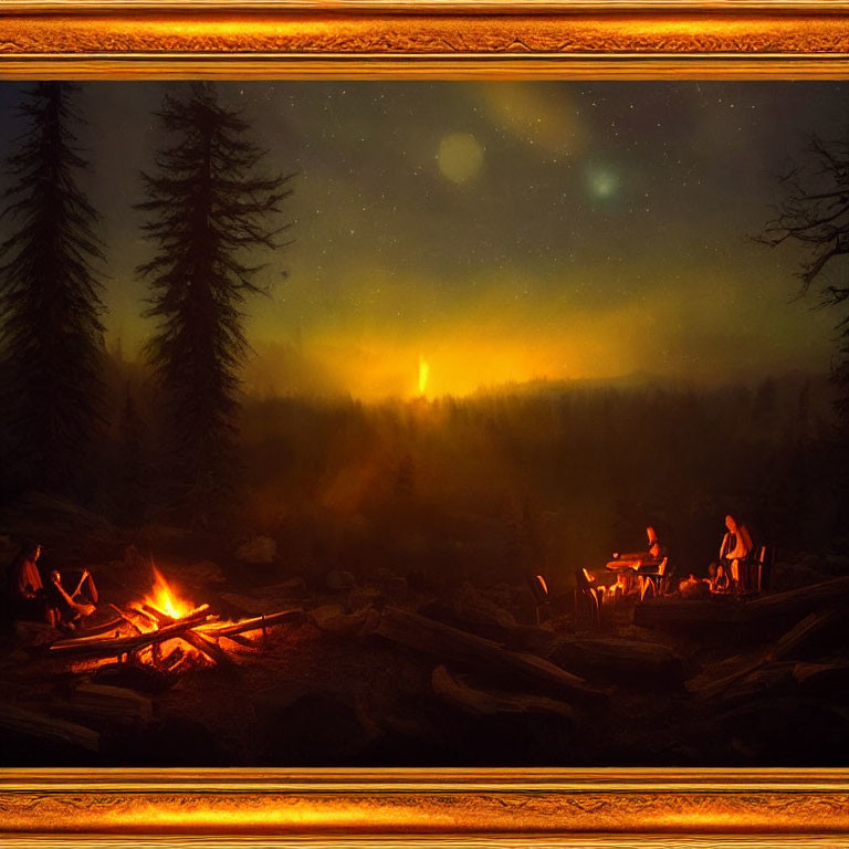 Group of People by Campfire in Forest at Dusk with Aurora Sky