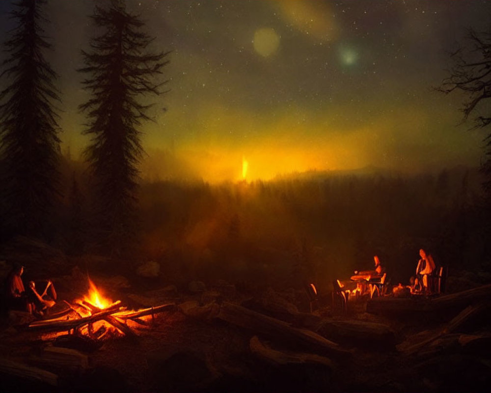 Group of People by Campfire in Forest at Dusk with Aurora Sky