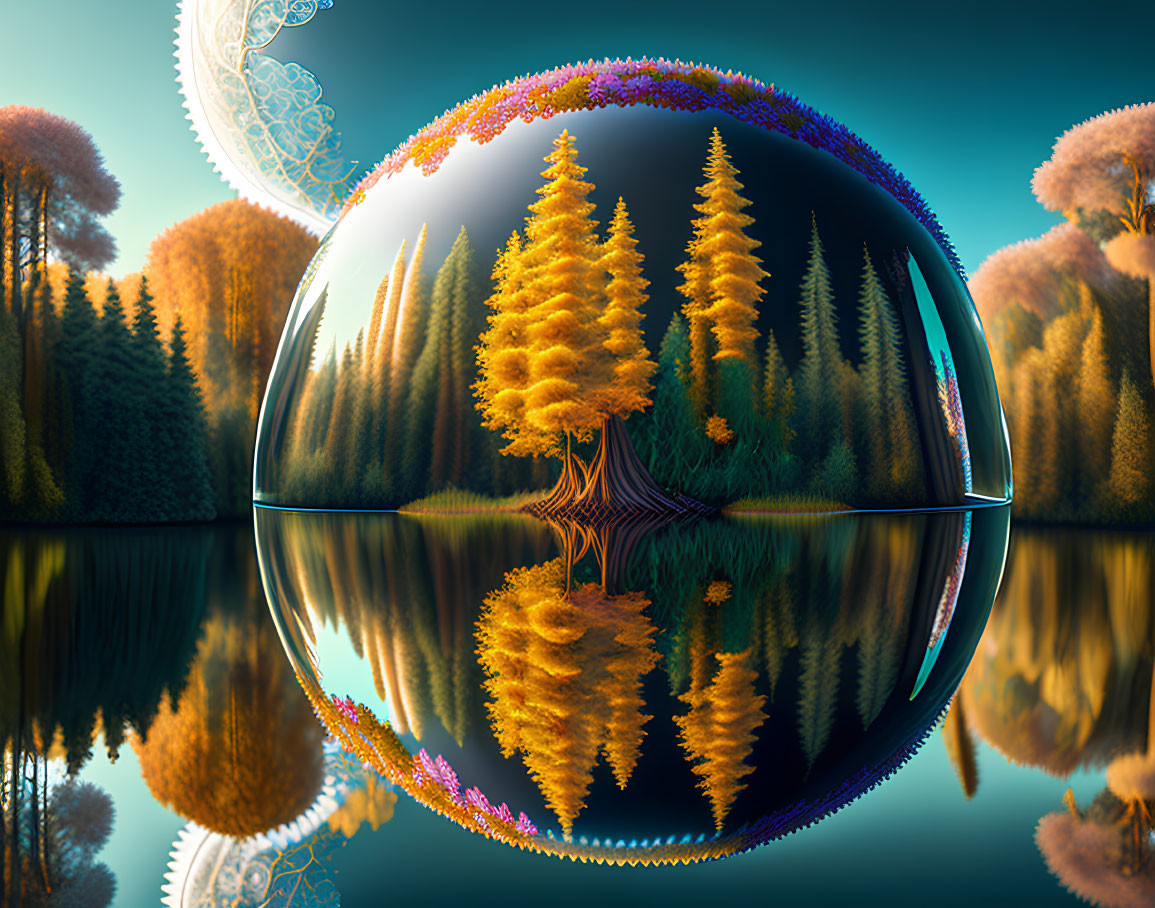 Surreal fall landscape with trees reflected in water under a transparent sphere on blue sky.