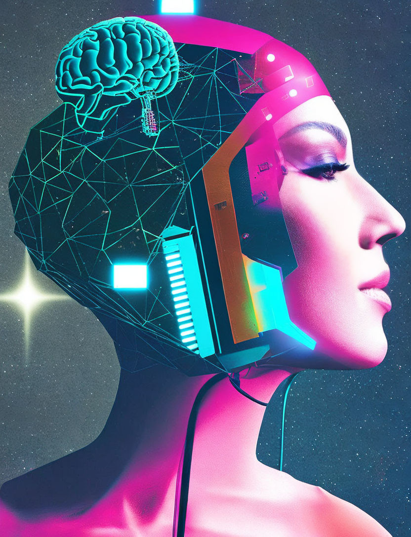 Digital artwork of humanoid with transparent head, brain connected to futuristic tech, against starry space.