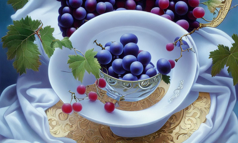 Golden-rimmed bowl with blue grapes on white cloth surrounded by more grapes and leaves