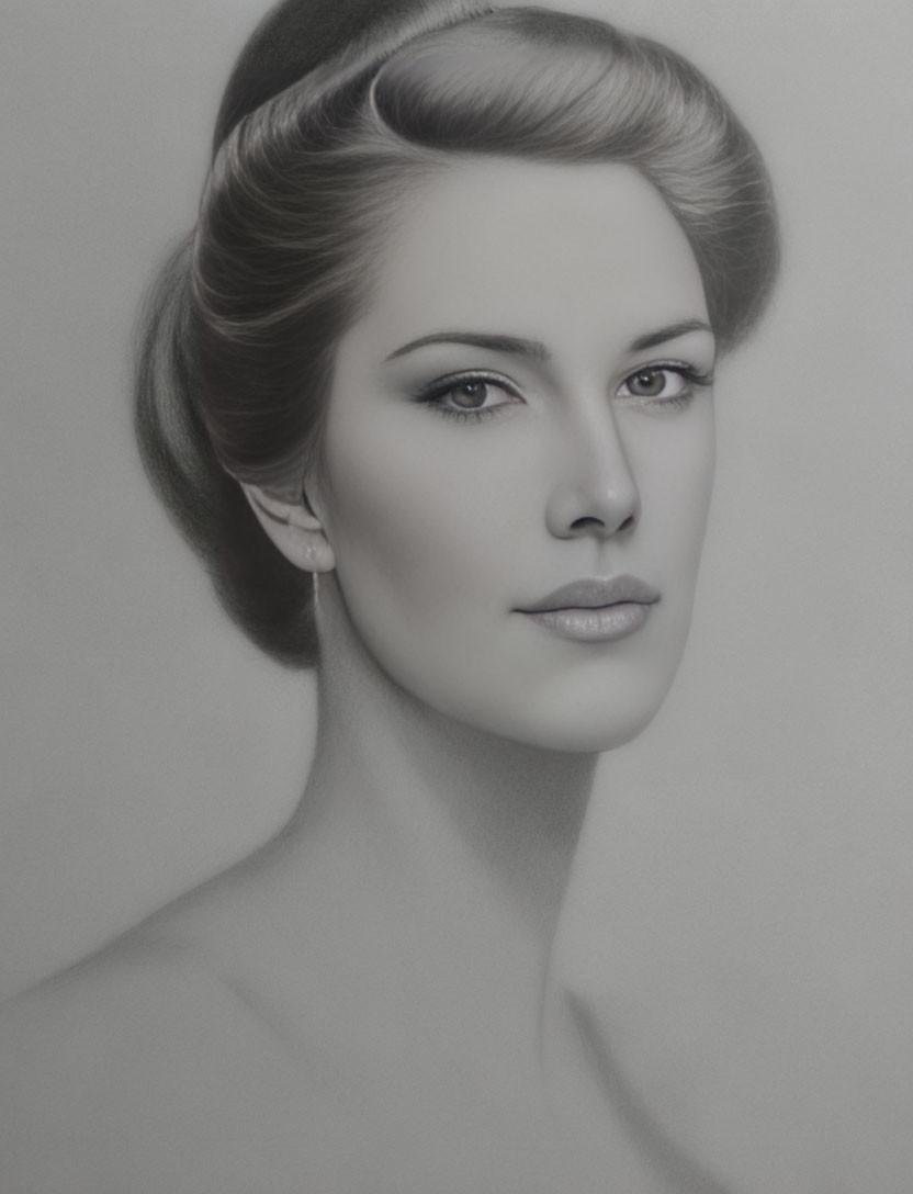 Detailed pencil drawing of woman with classic makeup, elegant updo, and bare shoulders.