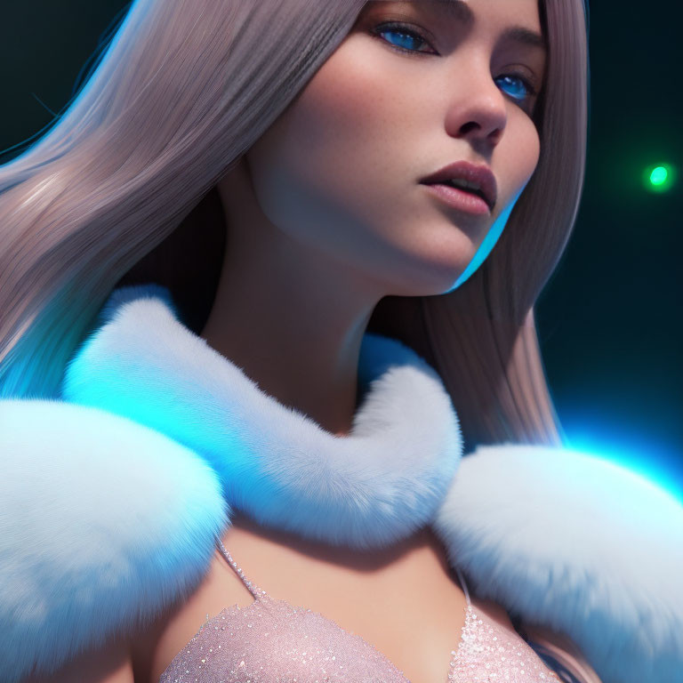 Digital artwork: Woman with pale skin, blue eyes, blonde hair in shimmering outfit under blue lighting