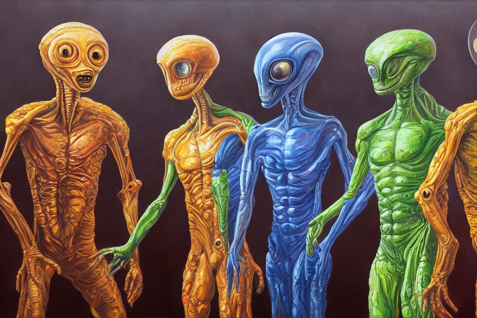 Vibrant depiction of four stylized aliens in orange, yellow, blue, and green hues on