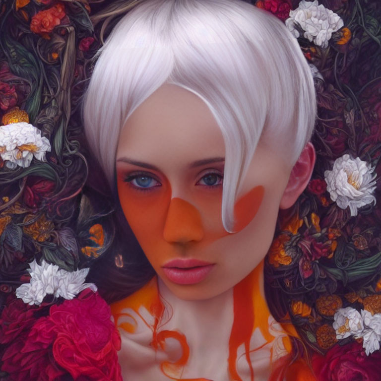 Portrait of a person with blue eyes and white hair against floral backdrop